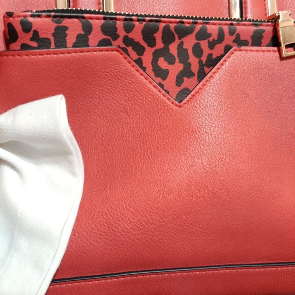 Red Faux Leather Leopard Accent Satchel Crossbody Bag Y2K Maximalist Statement - Picture 3 of 8